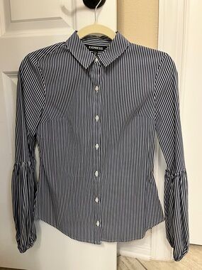 Express Blue and White Vertical Stripe Button-Up Blouse with Puff Sleeves
